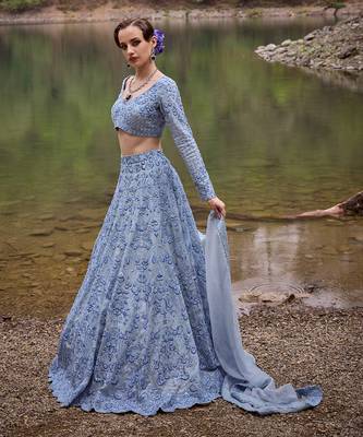blue embroidered Organza Lehenga Set 2