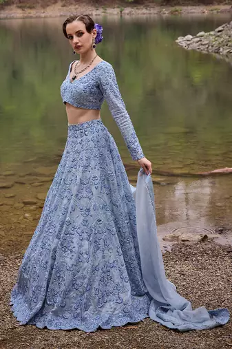blue embroidered Organza Lehenga Set
