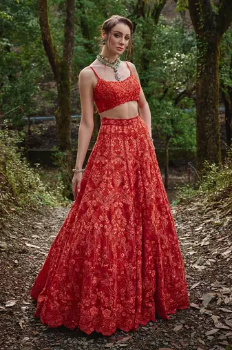 orange embroidered Organza Lehenga Set