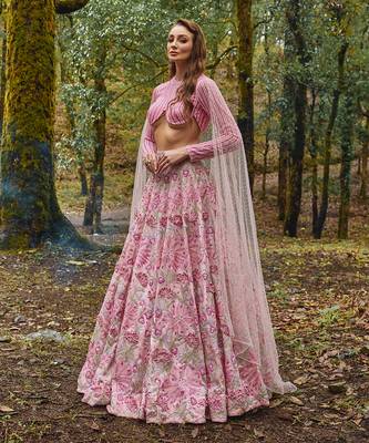 Pink embroidered Organza Lehenga Set 1