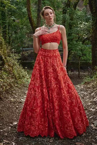 orange embroidered Organza Lehenga Set
