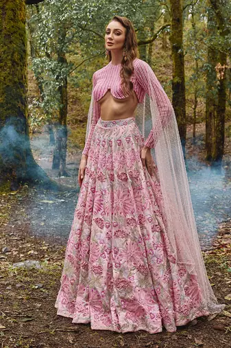 Pink embroidered Organza Lehenga Set