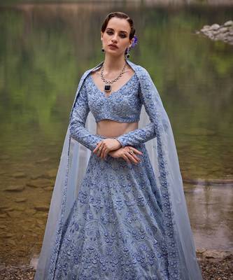 blue embroidered Organza Lehenga Set 3