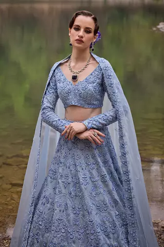 blue embroidered Organza Lehenga Set