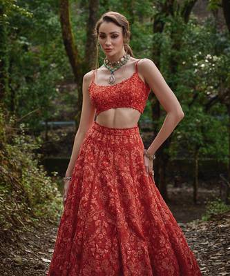 orange embroidered Organza Lehenga Set 4