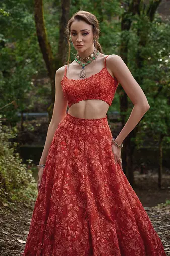 orange embroidered Organza Lehenga Set