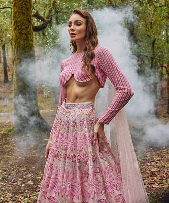 Pink embroidered Organza Lehenga Set 3