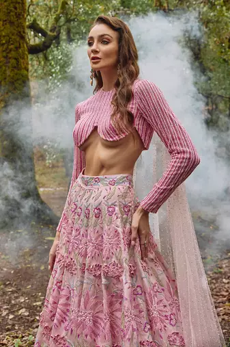 Pink embroidered Organza Lehenga Set
