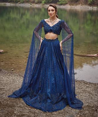 Midnight Blue embroidered Organza Lehenga Set 1