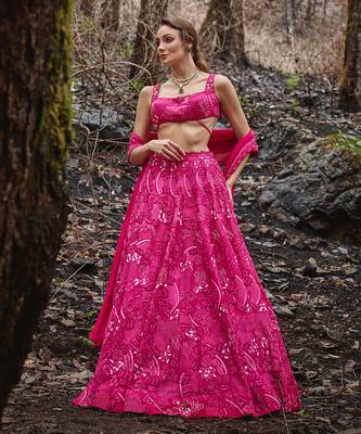 Fuchsia Pink embroidered Organza Lehenga Set 1