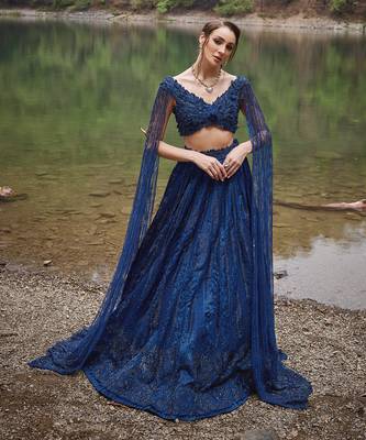 Midnight Blue embroidered Organza Lehenga Set 2