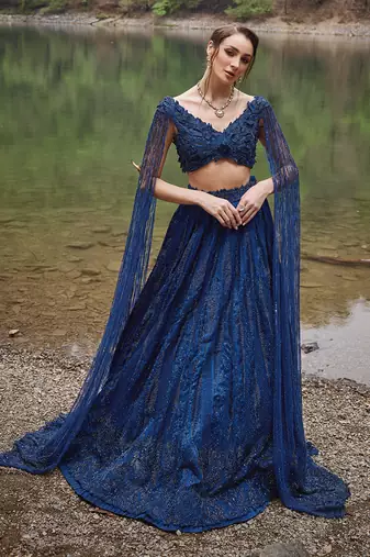 Midnight Blue embroidered Organza Lehenga Set