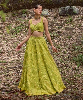 Green embroidered Organza Lehenga Set 1