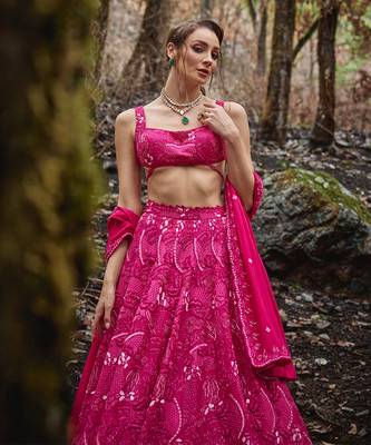 Fuchsia Pink embroidered Organza Lehenga Set 2