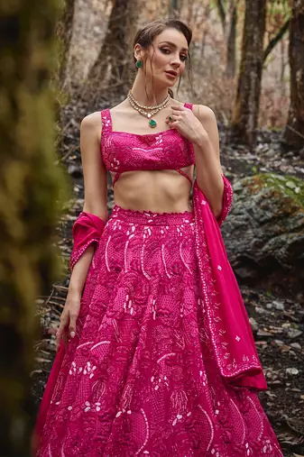 Fuchsia Pink embroidered Organza Lehenga Set