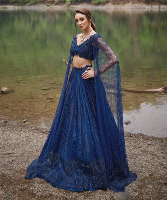 Midnight Blue embroidered Organza Lehenga Set 3