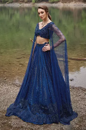 Midnight Blue embroidered Organza Lehenga Set