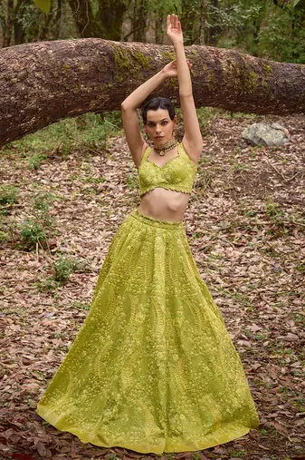 Green embroidered Organza Lehenga Set