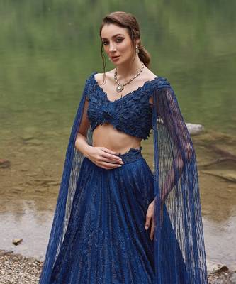 Midnight Blue embroidered Organza Lehenga Set 4