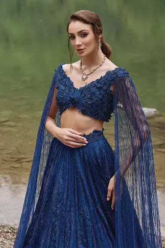 Midnight Blue embroidered Organza Lehenga Set
