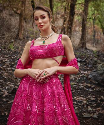 Fuchsia Pink embroidered Organza Lehenga Set 3