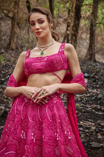 Fuchsia Pink embroidered Organza Lehenga Set