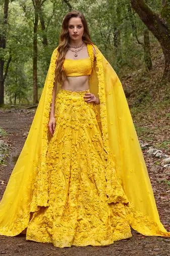 Yellow embroidered Organza Lehenga Set