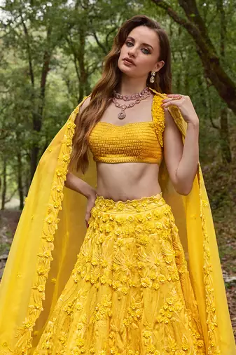 Yellow embroidered Organza Lehenga Set
