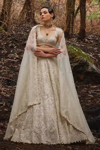 White embroidery Organza Lehenga Set