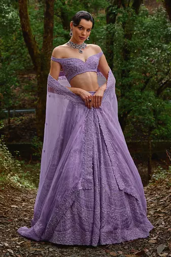 Lilac embroidered Organza Lehenga Set