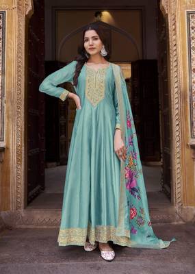 Sky embroidered vichitra silk semi-stitched anarkali salwar suit 1