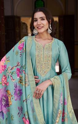 Sky embroidered vichitra silk semi-stitched anarkali salwar suit 2