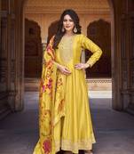 Yellow embroidered vichitra silk semi-stitched anarkali salwar suit
