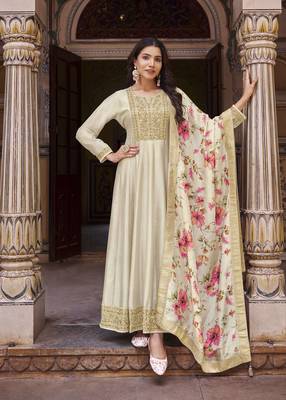 Cream embroidered vichitra silk semi-stitched anarkali salwar suit 1