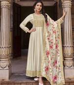 Cream embroidered vichitra silk semi-stitched anarkali salwar suit