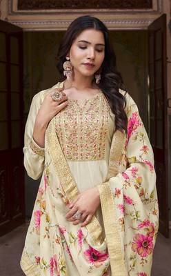 Cream embroidered vichitra silk semi-stitched anarkali salwar suit 2