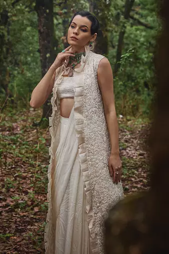 white embroidered organza saree set