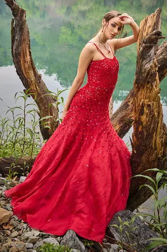 Red geometric organza dress