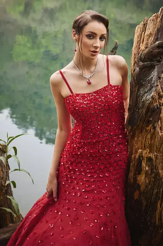 Red geometric organza dress