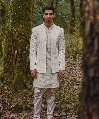 White embroidery twill silk jacket set 1