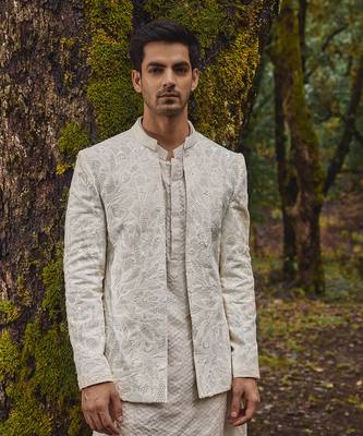 White embroidery twill silk jacket set 3