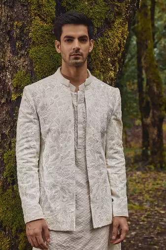 White embroidery twill silk jacket set