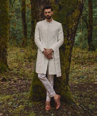 White geometric embroidery twill silk mosaic sherwani set 1