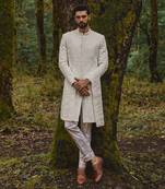 White geometric embroidery twill silk mosaic sherwani set