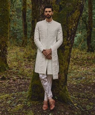White geometric embroidery twill silk mosaic sherwani set 2