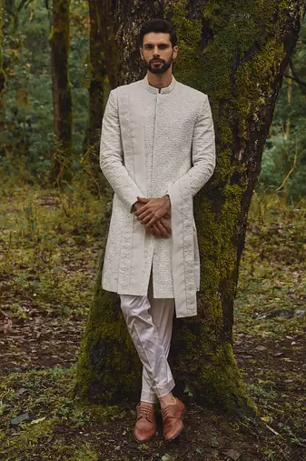 White geometric embroidery twill silk mosaic sherwani set
