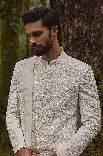 White geometric embroidery twill silk mosaic sherwani set