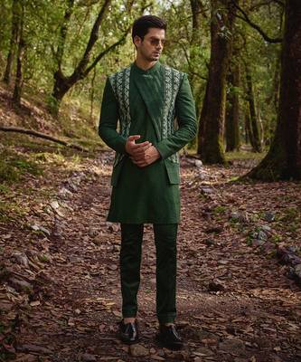 Olive green open jacket set 1