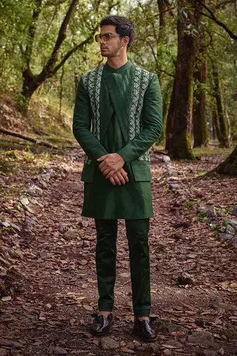 Olive green open jacket set