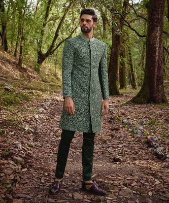 Olive green silk sherwani set 1